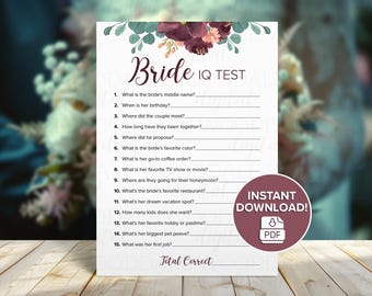 Bridal Shower Game Printable – Bride IQ Test, Vintage Bouquet (PDF Download)