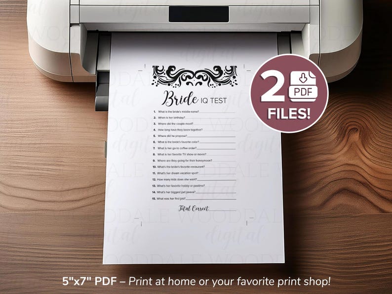 Juego imprimible para despedida de soltera: Test de coeficiente intelectual para la novia, diseño damasco (descarga en PDF) imagen 5