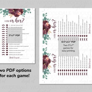 May include: Two printable "Him or Her?" games with floral accents in burgundy and green. The games are available in 5"x7" and 8.5"x11" PDF formats. The text includes questions and the phrase "Total Correct".