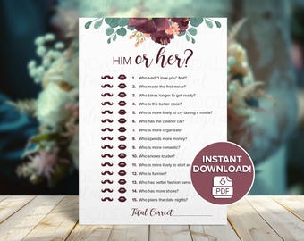 Bridal Shower Game Printable – Him or Her Activity, Vintage Bouquet (PDF Download)