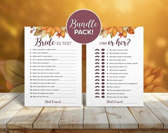 Juegos imprimibles para despedida de soltera: El coeficiente intelectual de la novia y ¿Él o ella?, diseño otoñal (descarga en PDF)