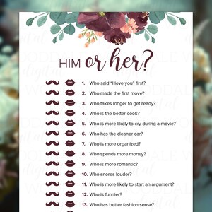 Bridal Shower Games Printable – Bride IQ & Him or Her, Vintage Bouquet (PDF Download) image 6