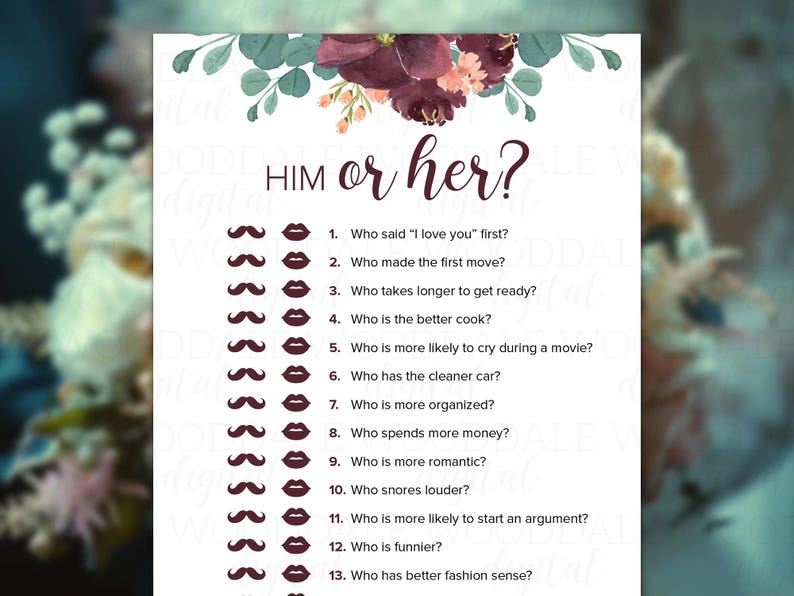 Bridal Shower Games Printable – Bride IQ & Him or Her, Vintage Bouquet (PDF Download) image 6
