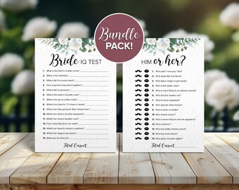 Bridal Shower Games Printable – Bride IQ & Him or Her, White Rose Design (PDF Download)