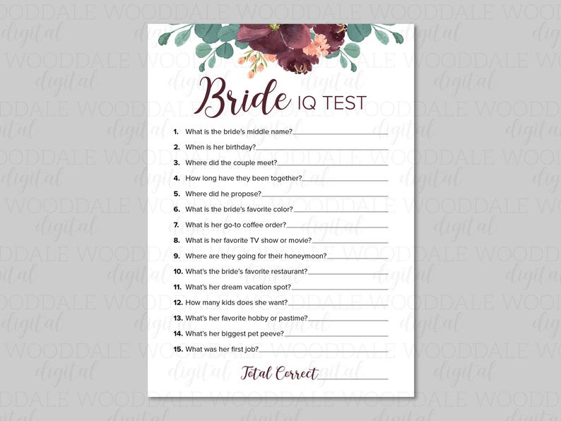 May include: A white bridal shower game card with a floral design at the top. The card features the text "Bride IQ TEST" and prompts for the bride's middle name, birthday, and other personal details. The card is designed for a wedding or bridal shower.
