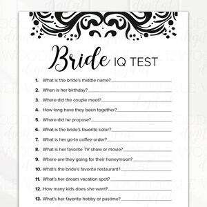Juego imprimible para despedida de soltera: Test de coeficiente intelectual para la novia, diseño damasco (descarga en PDF) imagen 3