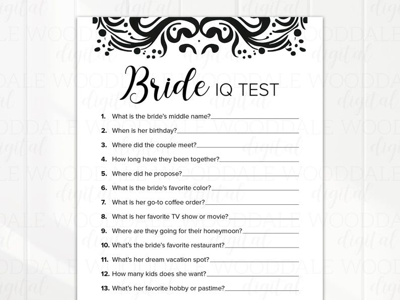 Juego imprimible para despedida de soltera: Test de coeficiente intelectual para la novia, diseño damasco (descarga en PDF) imagen 3