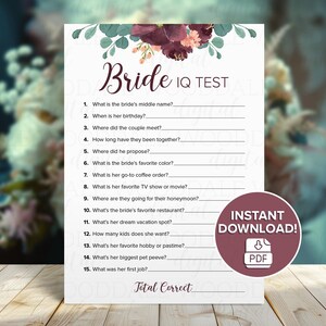 Bridal Shower Games Printable – Bride IQ & Him or Her, Vintage Bouquet (PDF Download) image 3