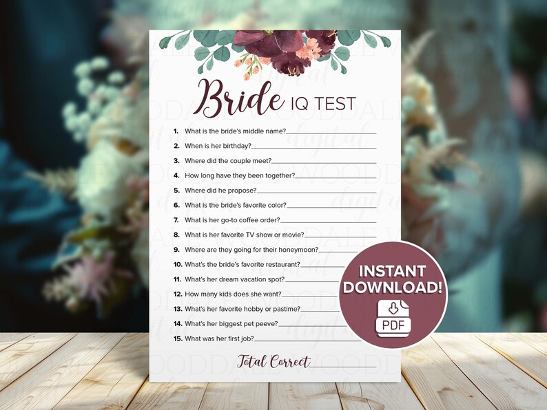 Bridal Shower Games Printable – Bride IQ & Him or Her, Vintage Bouquet (PDF Download) image 3