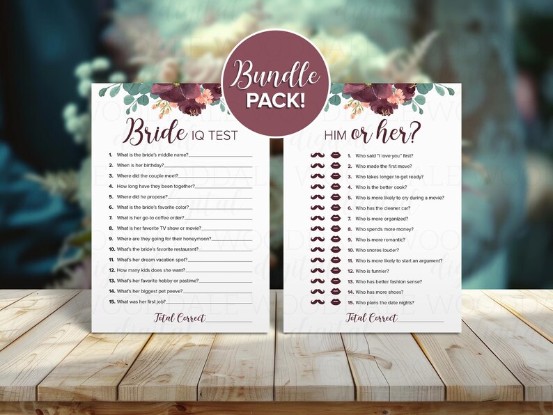 Bridal Shower Games Printable – Bride IQ & Him or Her, Vintage Bouquet (PDF Download) image 1