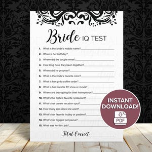 Juego imprimible para despedida de soltera: Test de coeficiente intelectual para la novia, diseño damasco (descarga en PDF) imagen 1