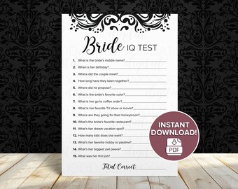 Bridal Shower Game Printable – Bride IQ Test, Damask Design (PDF Download)