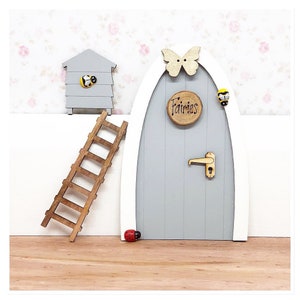 Grey  Personalised Fairy door set with accessories ladder beehive mini key