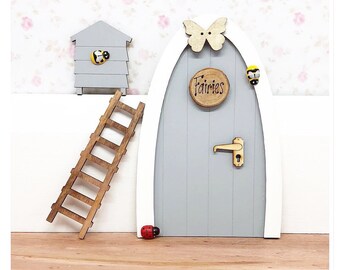 Grey  Personalised Fairy door set with accessories ladder beehive mini key