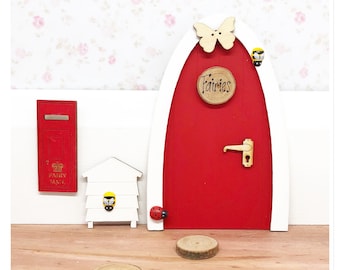 Fairy door set in red , grey , blue , yellow  with accessories , fairy postbox pretend play magical fairies girls gift