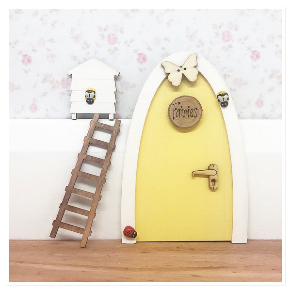 Yellow Fairy door set with accessories ladder pretend play magical fairies girls gift