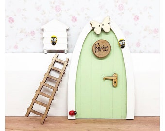 Cute Fairy door set with accessories  , ladder pretend play magical fairies girls gift green