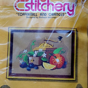 Vintage Unused Crewel Embroidery Kit Entitled "Coffeemill and Oranges" by Jiffy Stichery