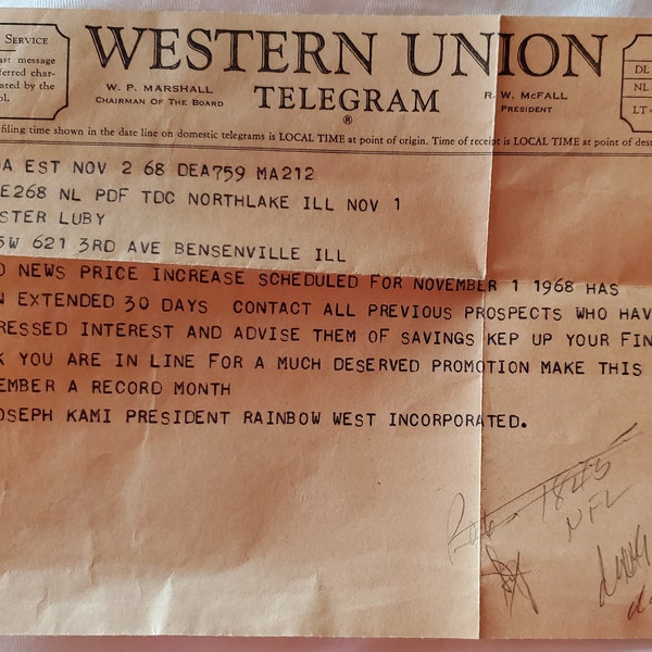 Vintage Original Western Union Telegram with Original Stamped Envelope