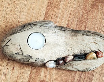 Lake Superior Driftwood Piece With 1 Tealight Candle and Lake Superior Stones