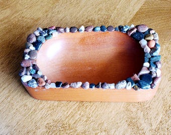 Lake Superior Upcycled Vintage Wood Dish Lake Superior Stones Embellished