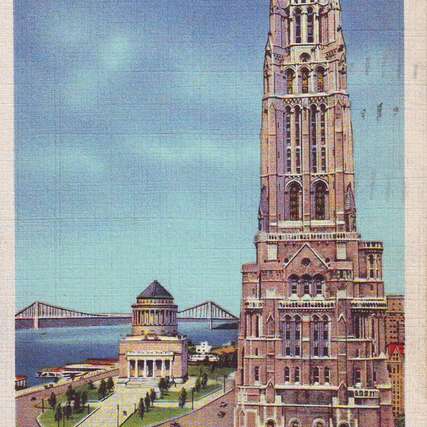Vintage Post Card of Riverside Church, Grant's Tomb with Washington Bridge in Background, New York City, Stamped Postcard, 1936