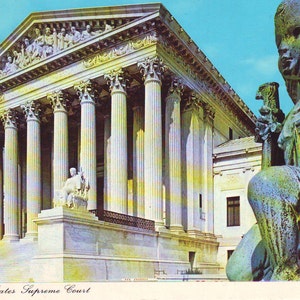 May include: A vintage postcard featuring a black and white photo of the United States Supreme Court building. The postcard has the text "United States Supreme Court" printed at the bottom. The image is framed by a blue and white border.