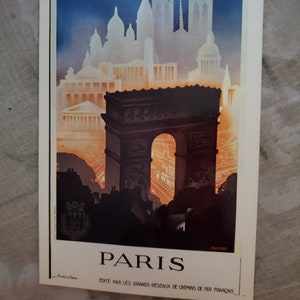 May include: A vintage travel poster advertising Paris, France. The poster features a silhouette of the Arc de Triomphe with the Eiffel Tower and other Parisian landmarks in the background. The text on the poster reads "Paris, Edite par les Grands Reseaux de Chemins de Fer Francais".