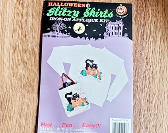 NOS Holiday Glitzy Shirts Halloween  Kitty n' Pumpkin Iron-on Applique Kit