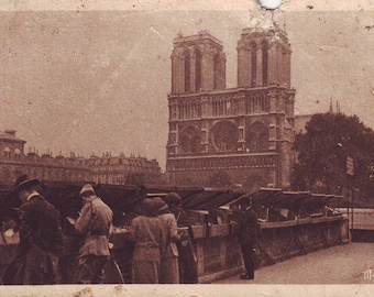 Vintage Used Book Sellers on the Bridge Saint-Michael with Notre Dame in Background, Paris, France, 1923