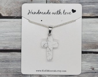 Small Howlite Cross Pendant with Sterling Silver Chain, White Howlite Crystal Cross Charm Necklace, Healing Crystal #1