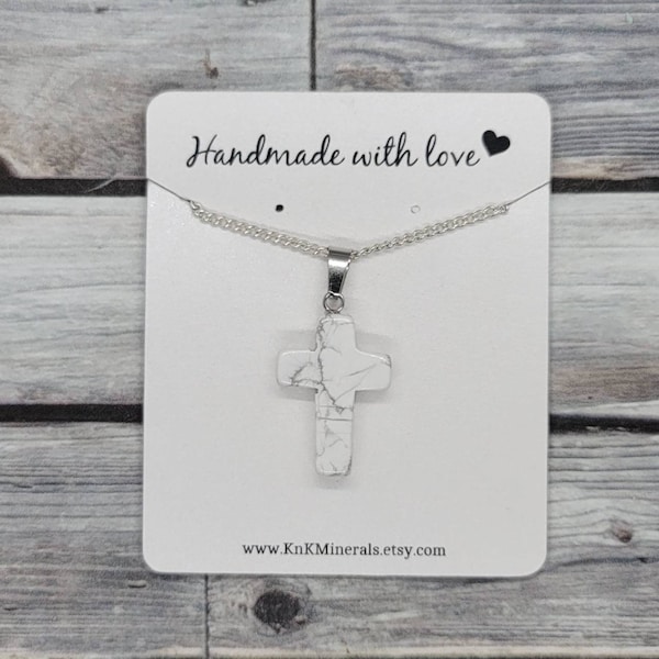 Small Howlite Cross Pendant with Sterling Silver Chain, White Howlite Crystal Cross Charm Necklace, Healing Crystal #1