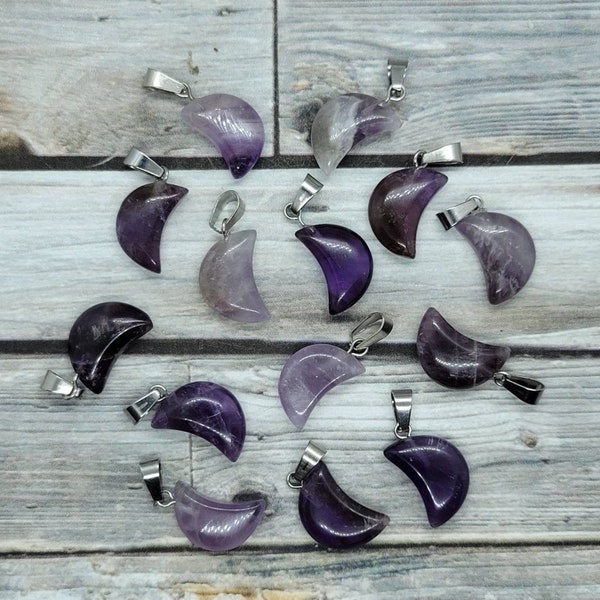 1-20 Piece Small Amethyst Moon Pendant with Stainless Steel Bail , Amethyst Crystal Charm, Bulk Crystals, Jewelry Making, Crystal Healing