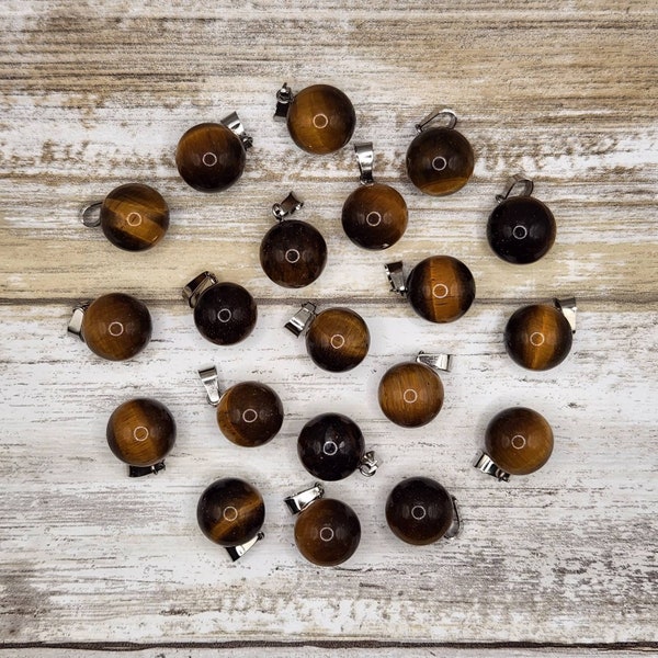 1-20 Piece Small Tiger Eye Jasper ball Pendant with Stainless Bail, Natural Crystal ball Charm, Bulk Jewelry Supply, Crystal Healing