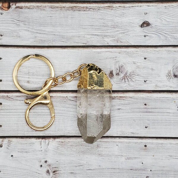 Quartz Crystal Keychain | Large Lemurian Quartz Crystal w/ 24k Gold Electro Platined Key Chain / Bag Clip | Healing Crystal #106