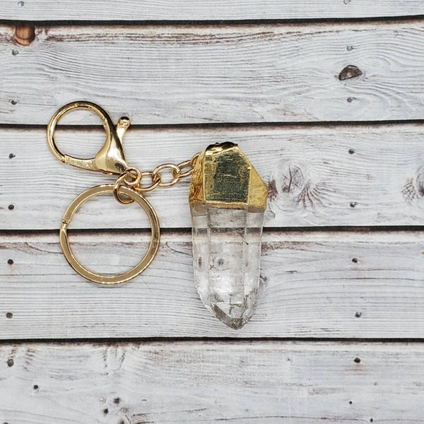 Quartz Crystal Keychain | Large Lemurian Quartz Crystal w/ 24k Gold Electro Platined Key Chain / Bag Clip | Healing Crystal #107