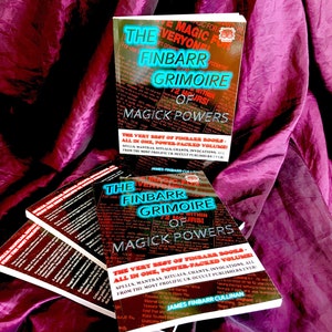 May include: A stack of three black and red books with the title "The Finbarr Grimoire of Magick Powers" on the cover. The books are on a purple fabric background. The text on the cover reads "The Very Best of Finbarr Books - All in One, Power-Packed Volume. Spells, Mantras, Rituals, Chants, Invocations, All from the Most Prolific UK Occult Publishers Ever!"