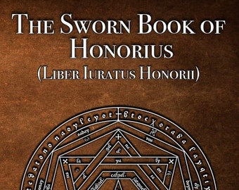 May include: A white and black illustration of a pentagram with the text "The Sworn Book of Honorius (Liber Iuratus Honorii)" at the top. The pentagram is surrounded by a circle with text in a circular pattern.