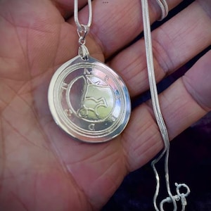 May include: A silver pendant necklace with a circular pendant and an engraved design. The pendant is suspended from a thin, silver chain. The design inside the circle appears to be a stylized image of a horse.