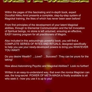 Puede incluir: Un fondo rojo con texto blanco que dice "Un sistema de magia incre&iacute;blemente poderoso y completo. El poder de META-MEGA". El texto est&aacute; en negrita, en una fuente decorativa. El texto describe un libro que ense&ntilde;a entrenamiento m&aacute;gico.