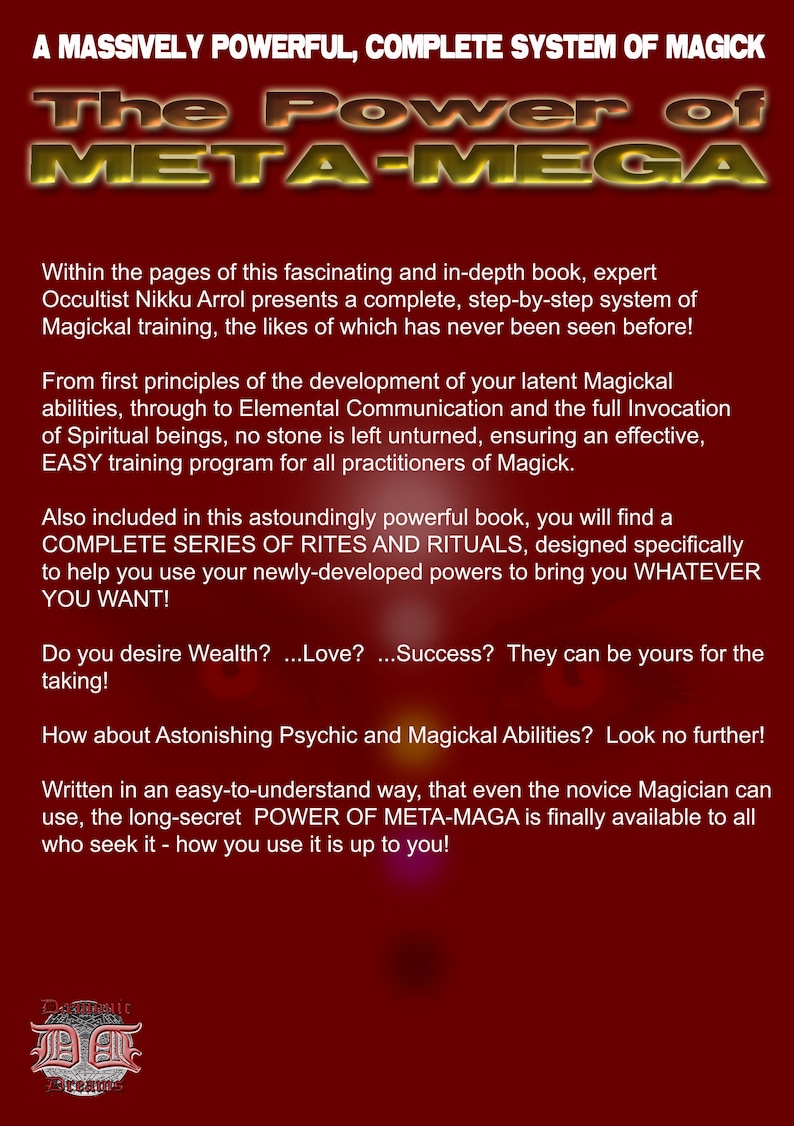 Puede incluir: Un fondo rojo con texto blanco que dice "Un sistema de magia incre&iacute;blemente poderoso y completo. El poder de META-MEGA". El texto est&aacute; en negrita, en una fuente decorativa. El texto describe un libro que ense&ntilde;a entrenamiento m&aacute;gico.