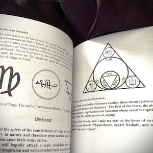 May include: A black and white image of a book page with text about the Archdecon Sehaliel, a spirit associated with the constellation Virgo. The page includes a symbol of Virgo, a seal, and a diagram of a triangle with symbols inside.