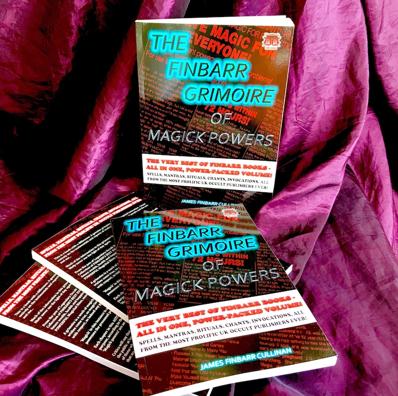 May include: A stack of three black and red books with the title "The Finbarr Grimoire of Magick Powers" on the cover. The books are on a purple fabric background. The text on the cover reads "The Very Best of Finbarr Books - All in One, Power-Packed Volume. Spells, Mantras, Rituals, Chants, Invocations, All from the Most Prolific UK Occult Publishers Ever!"