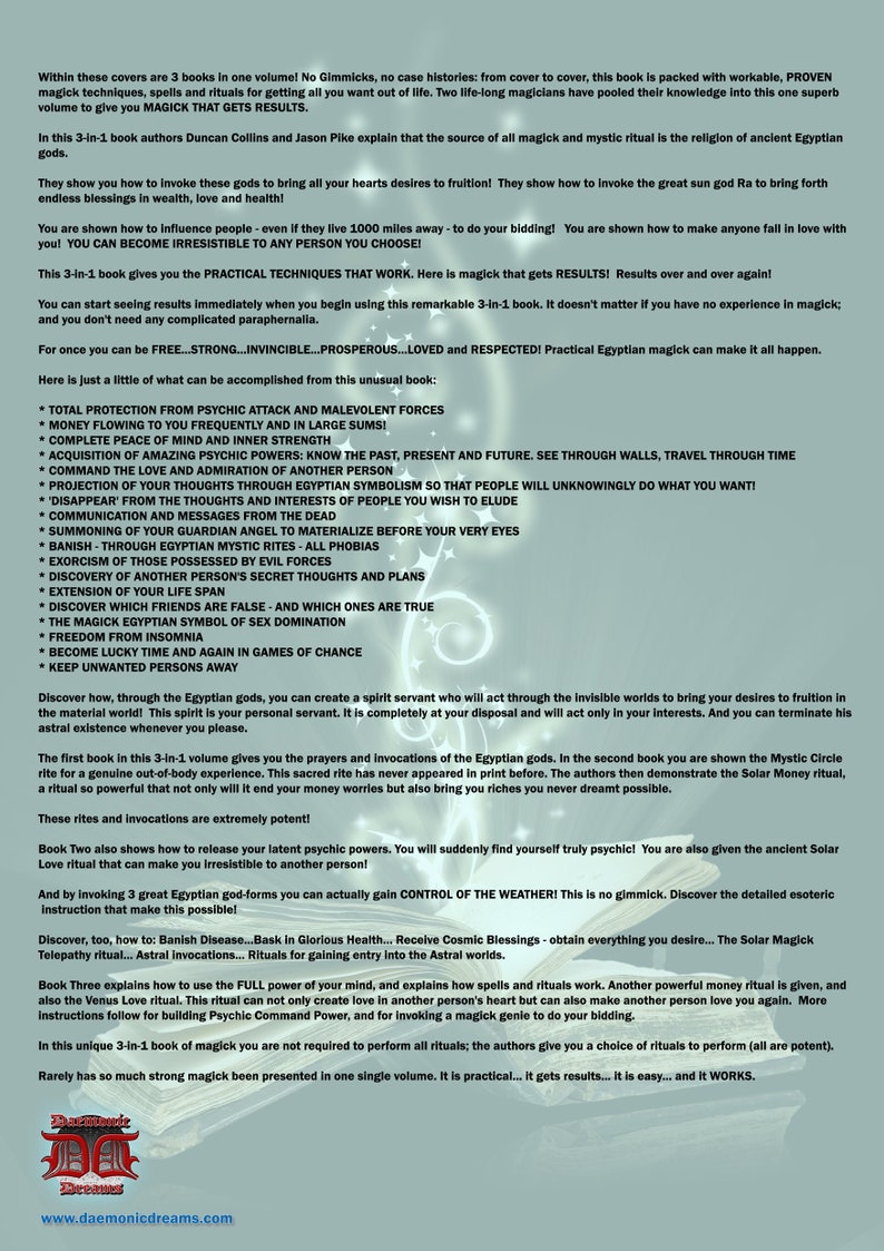 May include: A book cover with a colourful design featuring a stylised Egyptian god. The book title is "Magick That Gets Results" and the subtitle is "Practical Egyptian Magick". The book cover also includes the text "3 books in one volume!" and "No Gimmicks, no case histories".