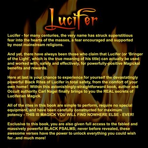 Puede incluir: Una portada de libro con un fondo de fuego y el t&iacute;tulo "The Black Rites of Lucifer". El texto de la portada describe el libro como una gu&iacute;a para la Magia Luciferiana, afirmando que contiene los verdaderos secretos de la Magia Luciferiana y poderosos Salmos Negros.