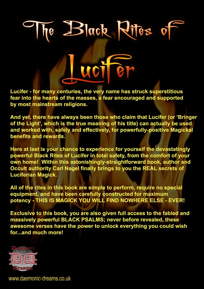 Puede incluir: Una portada de libro con un fondo de fuego y el t&iacute;tulo "The Black Rites of Lucifer". El texto de la portada describe el libro como una gu&iacute;a para la Magia Luciferiana, afirmando que contiene los verdaderos secretos de la Magia Luciferiana y poderosos Salmos Negros.