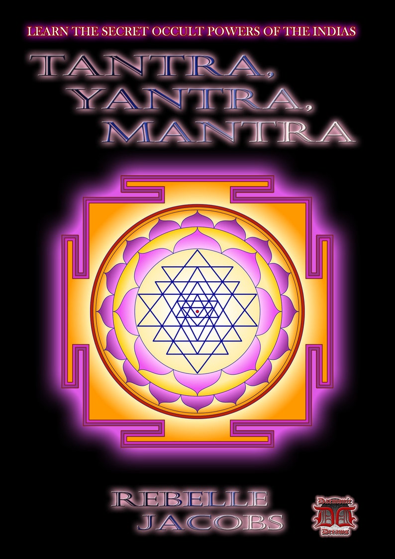 Op de afbeelding: Een boekomslag met een geometrisch ontwerp in roze en geel op een zwarte achtergrond. De titel is "TANTRA, YANTRA, MANTRA" en de auteur is "REBELLE JACOBS".