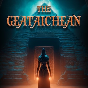 May include: A book cover with a dark blue background and a large orange title "The Geataichean". The title is set against a backdrop of a pyramid with a doorway. A figure in a dark robe stands in the doorway, facing away from the viewer. The text "How to Summon the Awesome Powers of the Gods of Egypt, and Unlock the Astral Pathways of the Black Zodiack" is at the top of the cover. The author's name, "Andrew MacLachlan", is at the bottom of the cover.