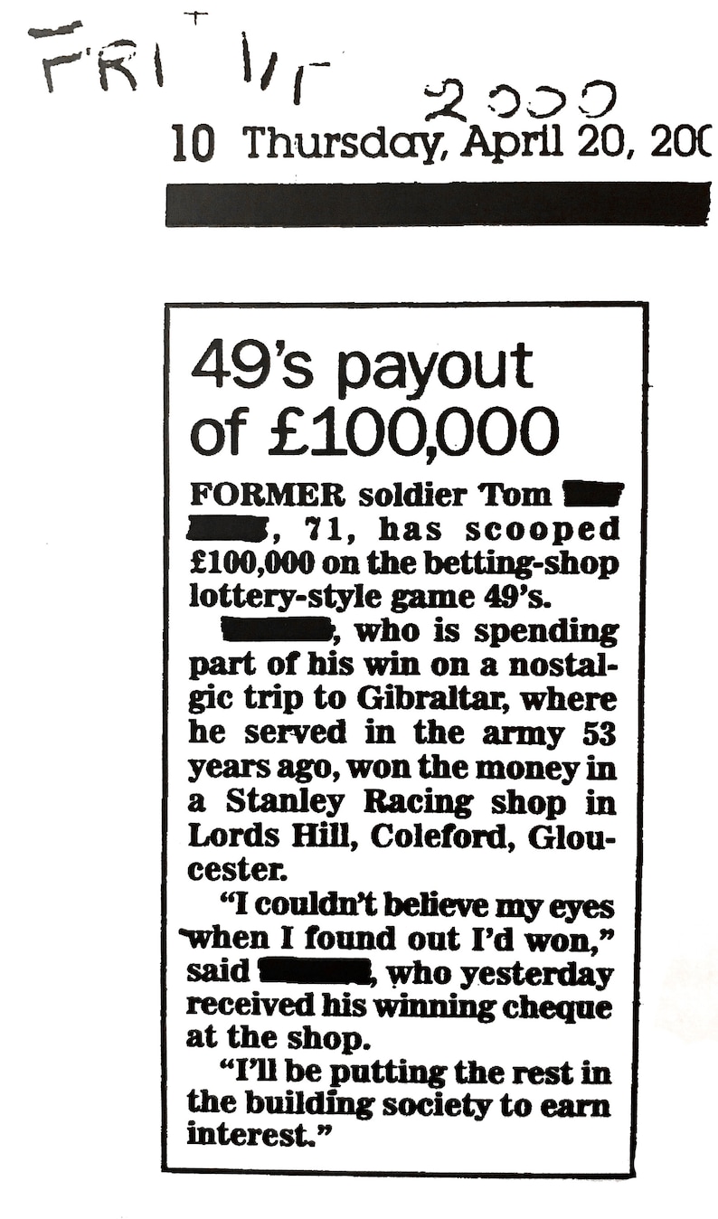 May include: A black and white newspaper clipping with the headline "49's payout of &pound;100,000". The article describes a former soldier who won &pound;100,000 on a lottery-style game.