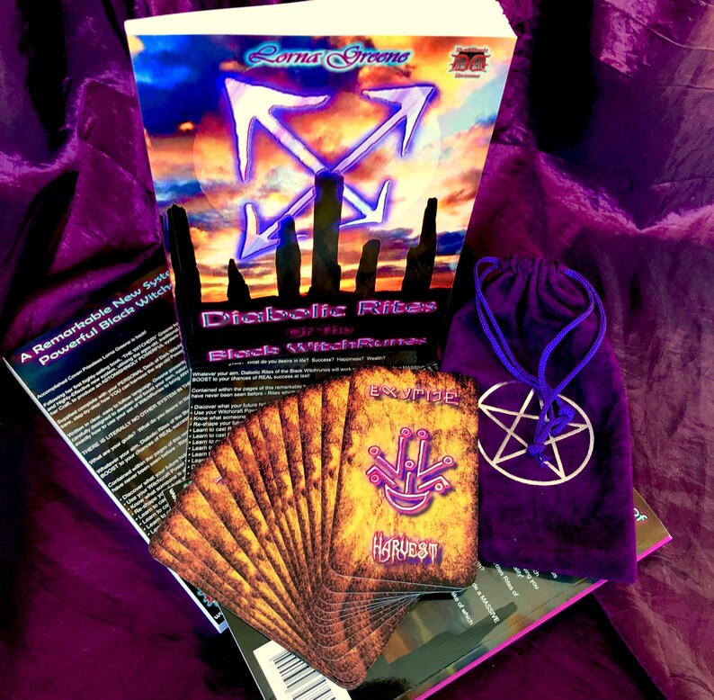 May include: A purple velvet bag with a silver pentagram design, a book titled "Diabolic Rites of the Black Witch Runes" by Lorna Greeno, and a deck of tarot cards with a purple and yellow design.